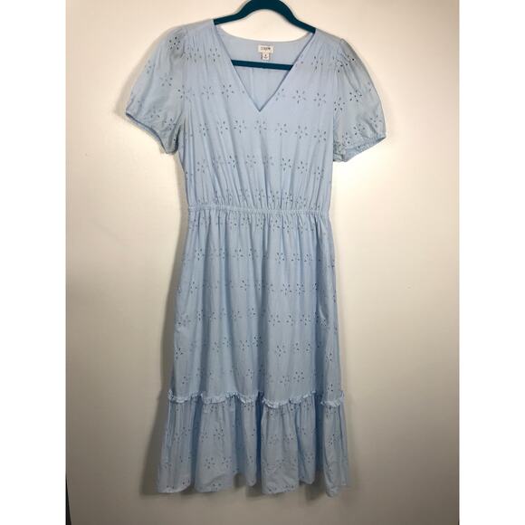 J. Crew Midi Dress Women's 8 Blue V Neck Puff Sleeve Eyelet Tiered Feminine - Picture 2 of 15